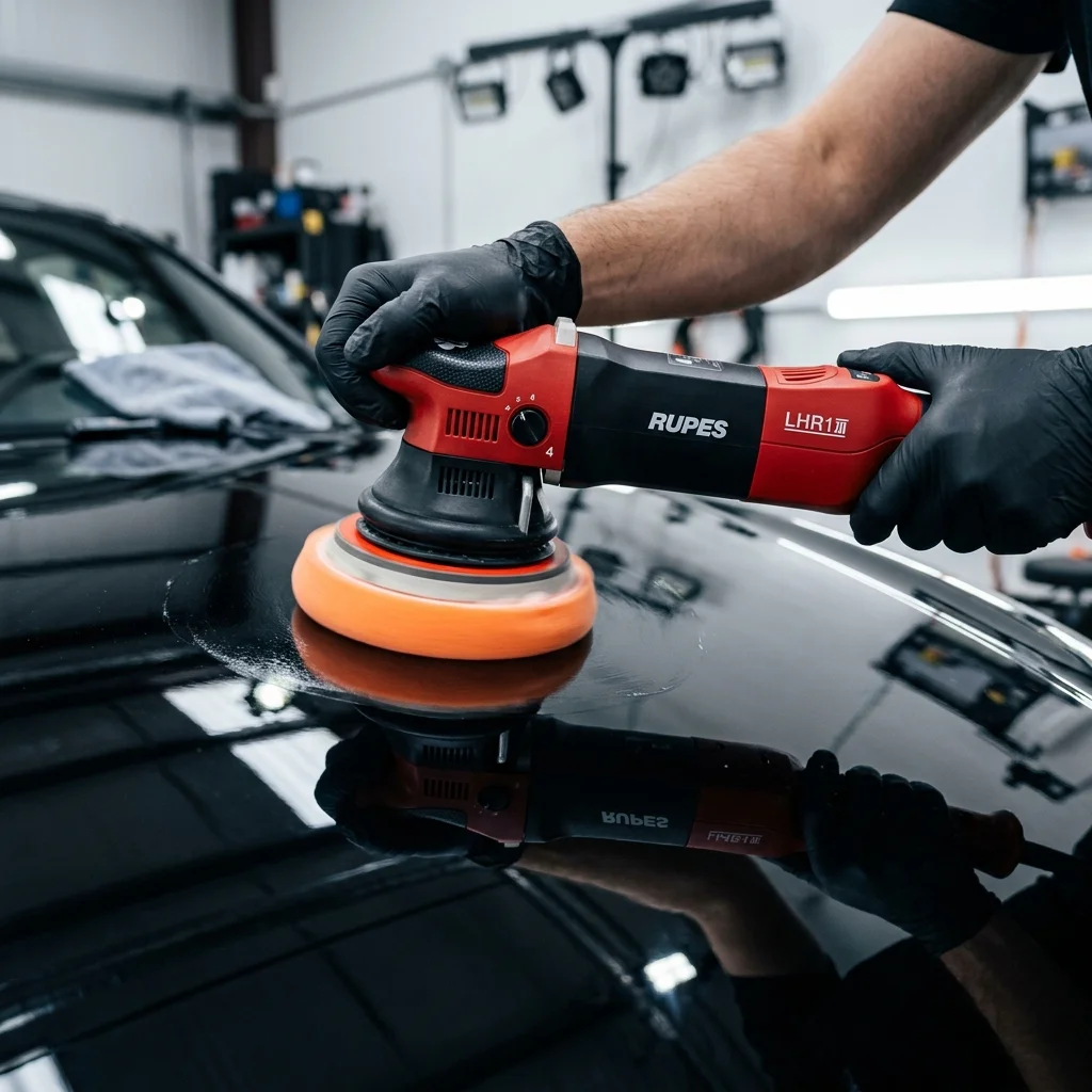 Rotary machine polisher restoring mirror finish clarity on paint