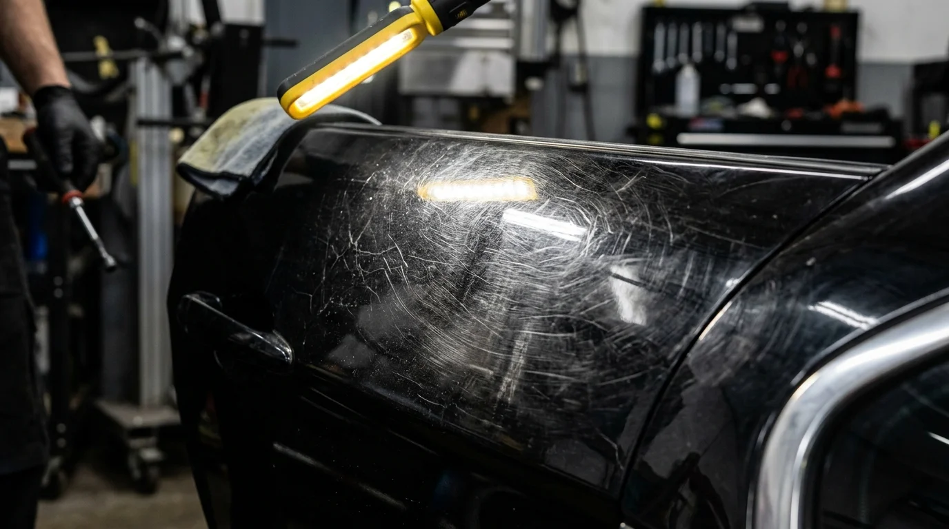 Before paint correction showing visible swirl marks and light scratching under inspection light