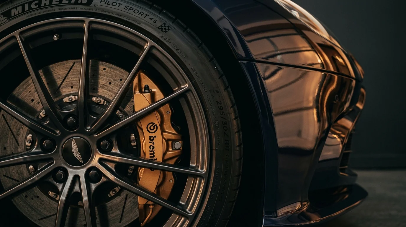 Luxury car wheel and bronze gold brake caliper reflection